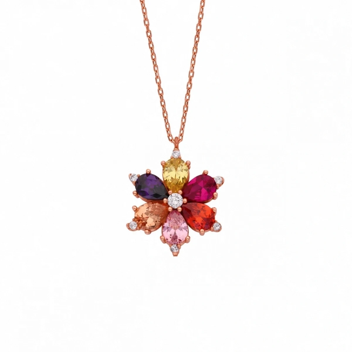 Modernes Blumenförmiges Silber Collier mit Bunten Steinen