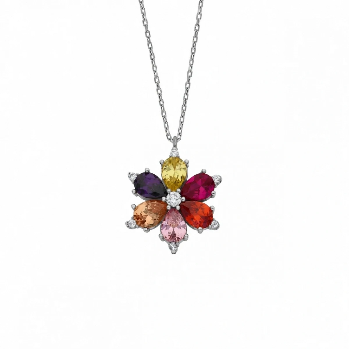 Modernes Blumenförmiges Silber Collier mit Bunten Steinen