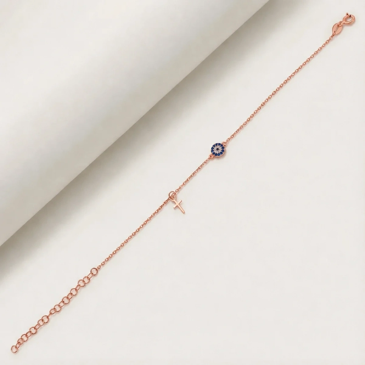 Nazar Bocuğu Round-Shaped Tiny Cross Dangling Silver Bracelet