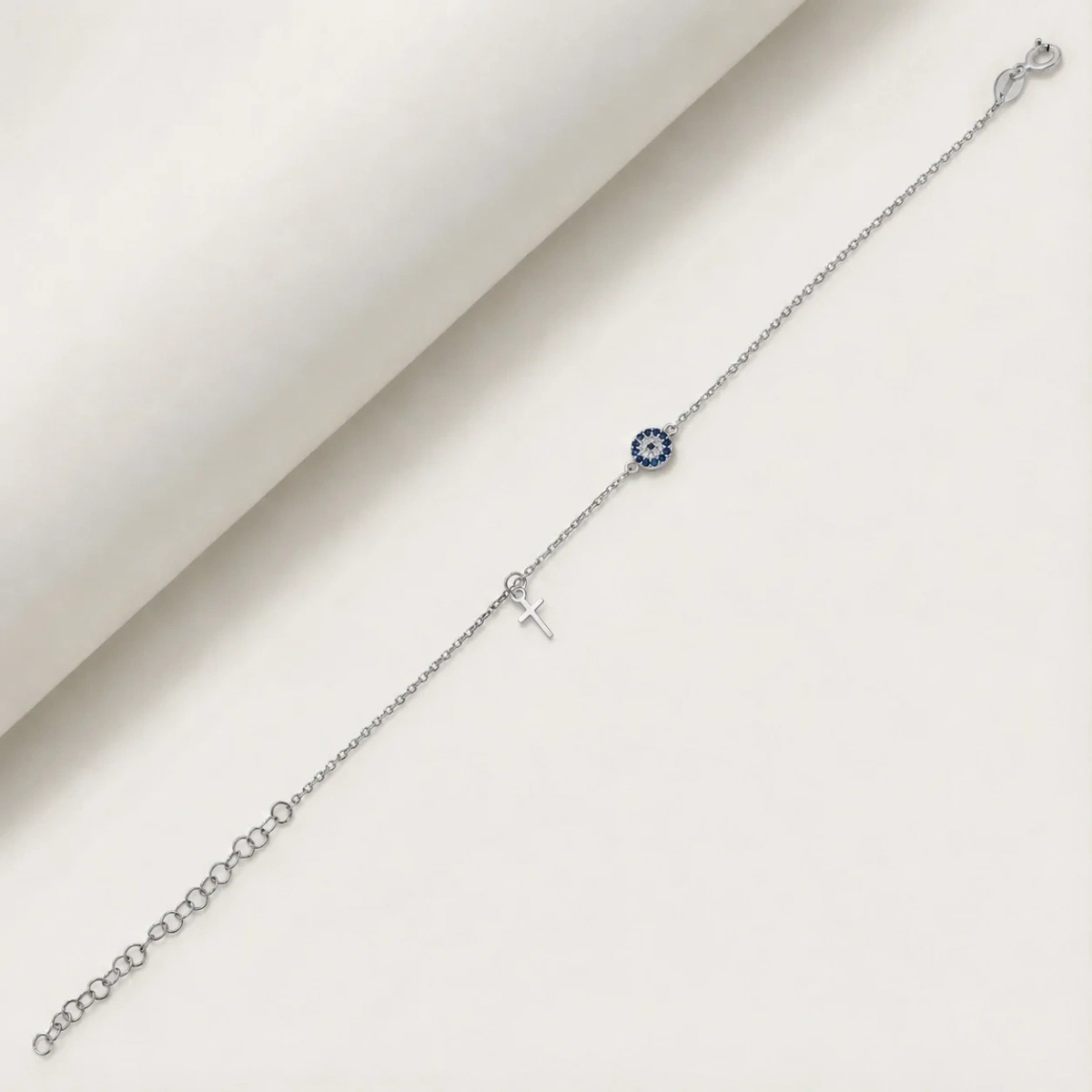 Nazar Bocuğu Round-Shaped Tiny Cross Dangling Silver Bracelet