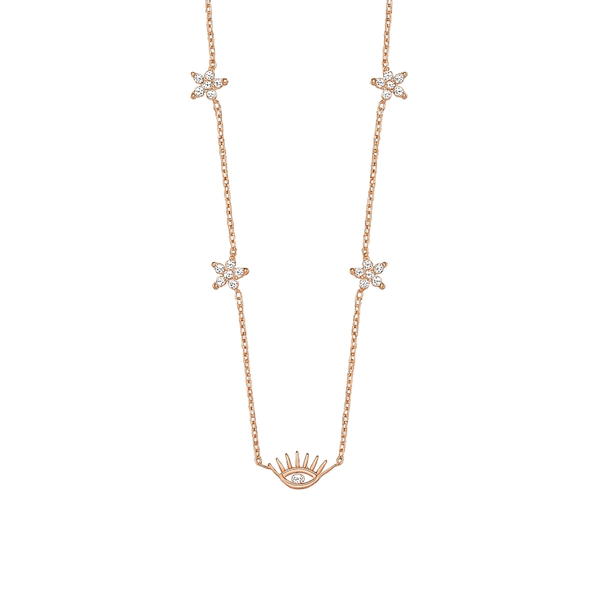 Çiçek Motifi Zincirli Göz Altın Kolye