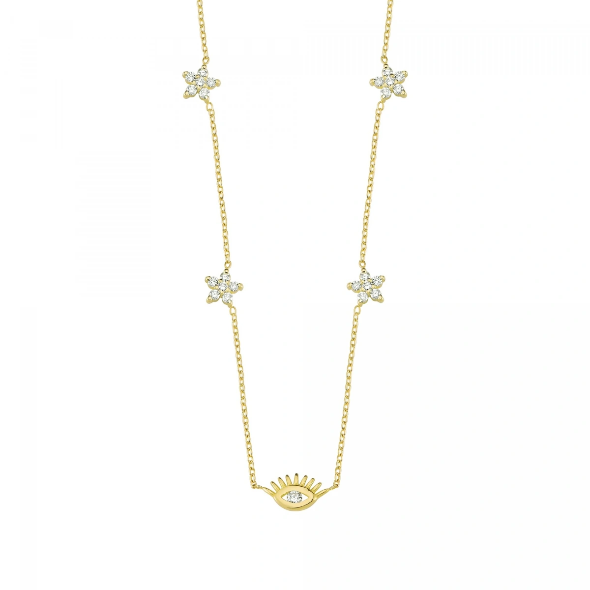 Çiçek Motifi Zincirli Göz Altın Kolye