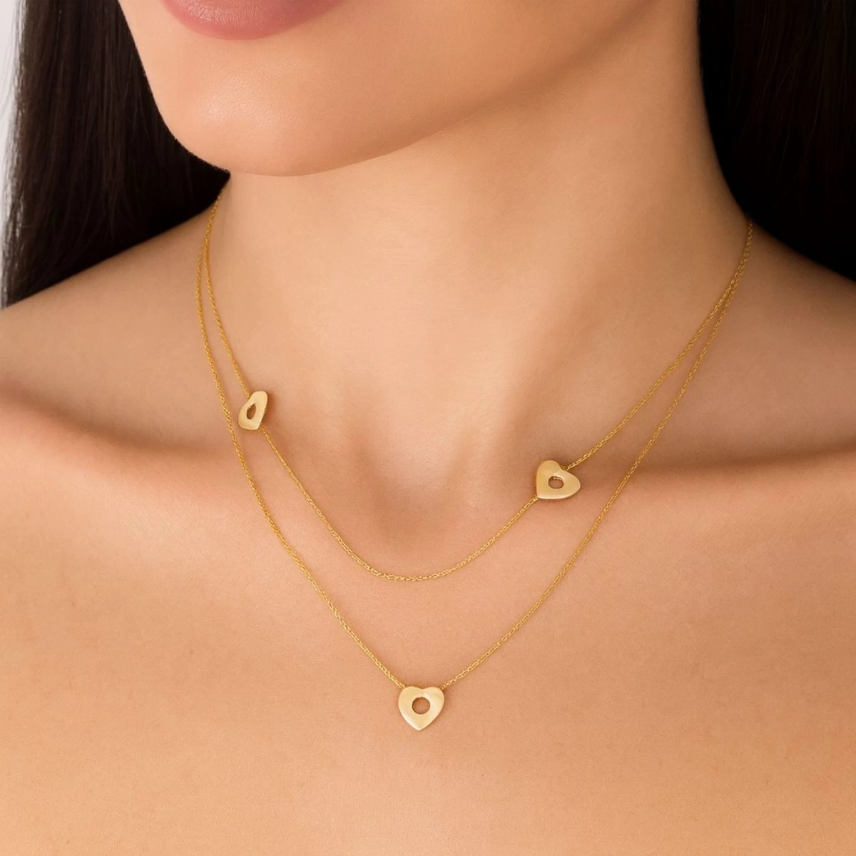 Çift Sıra Kalp Ara Parçalı Modern Gümüş Kolye