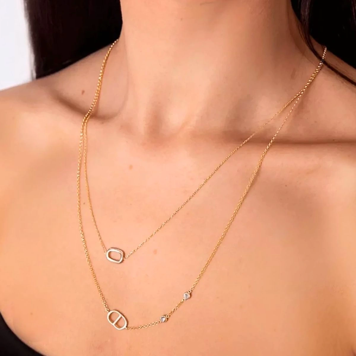 Çift Sıra Taşlı ve Asimetrik Ara Parçalı Gümüş Kolye