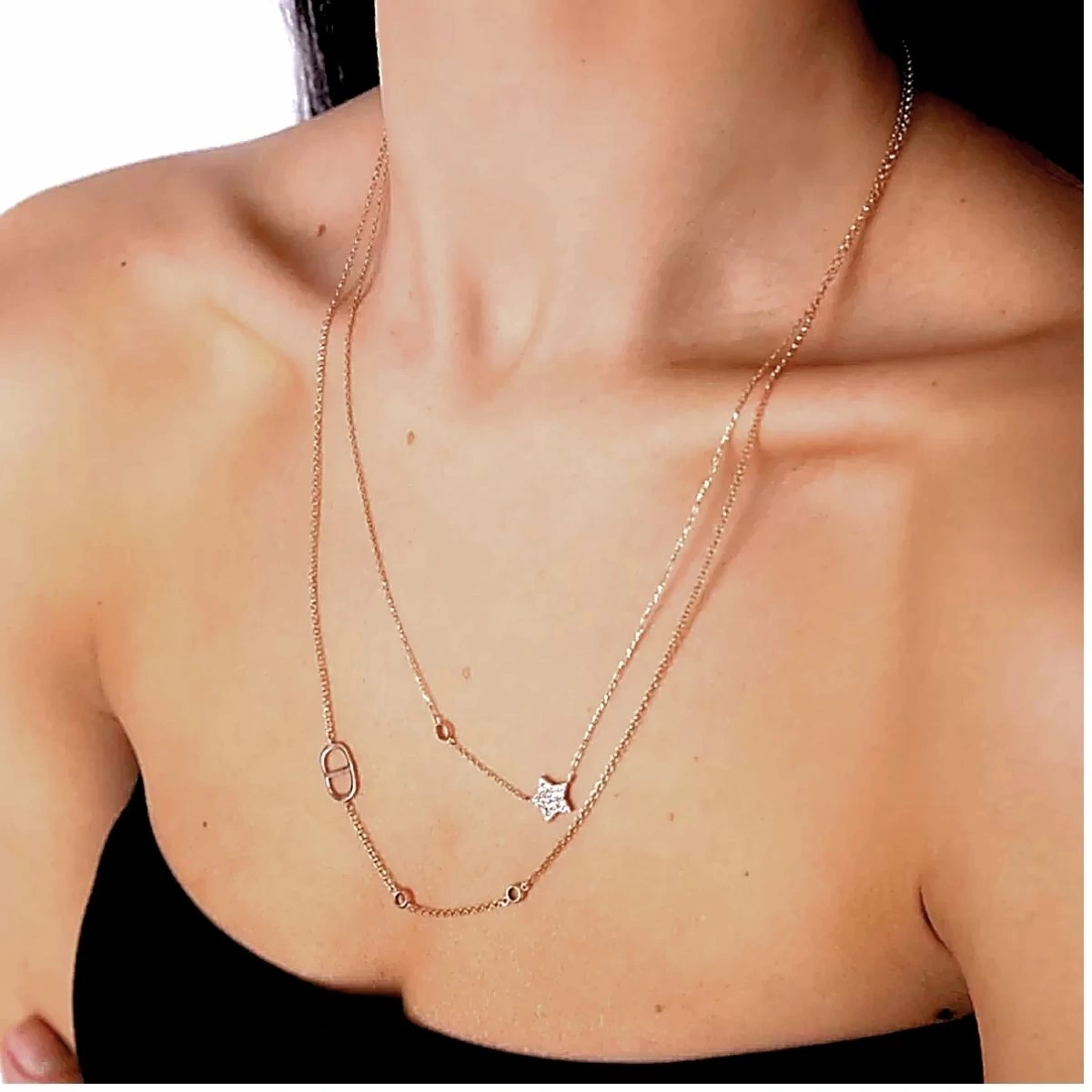 Çift Sıra Taşlı Yıldızlı ve Asimetrik Dior Model Gümüş Kolye