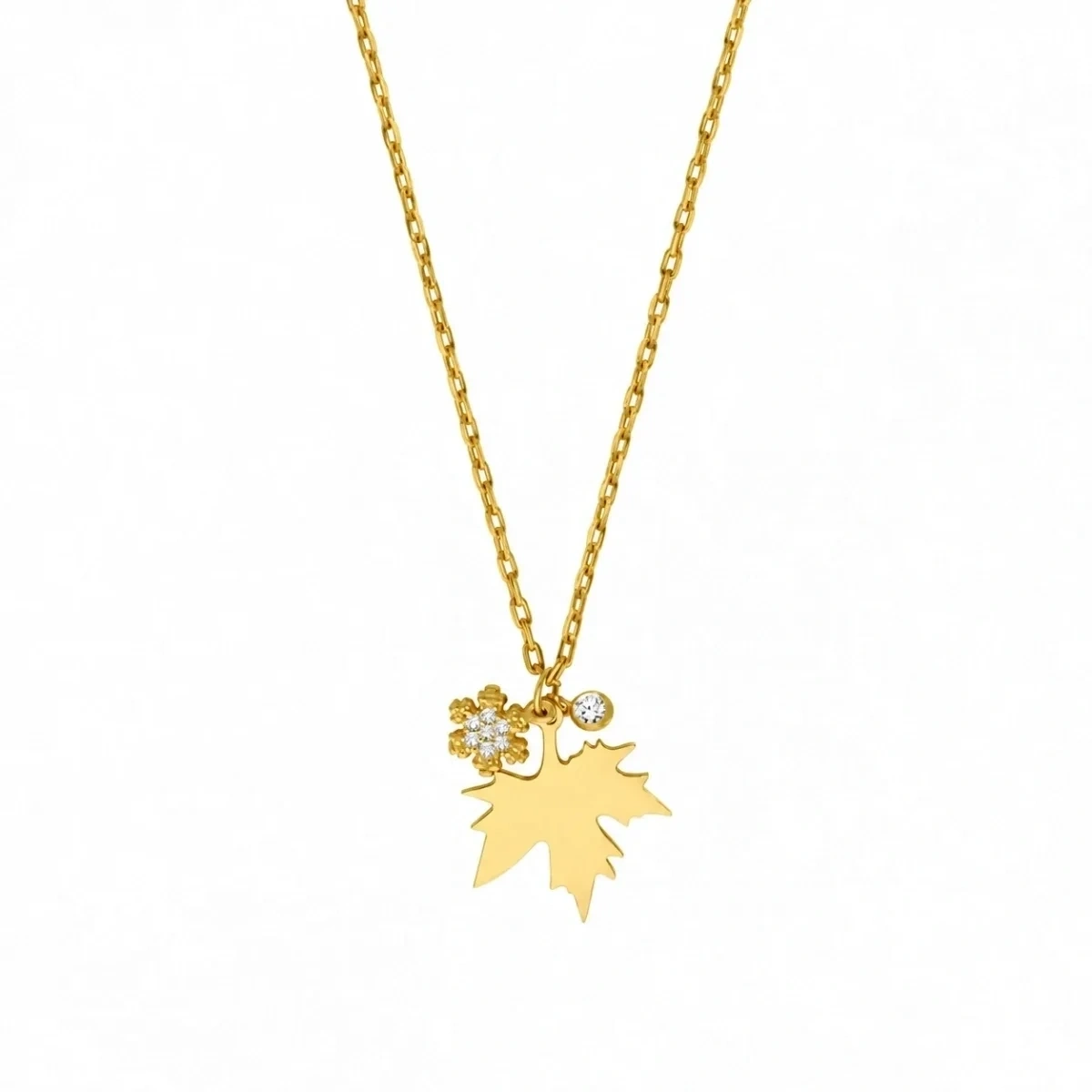 Modern Silver Necklace with Plane Tree Leaf and Stone Snowflake