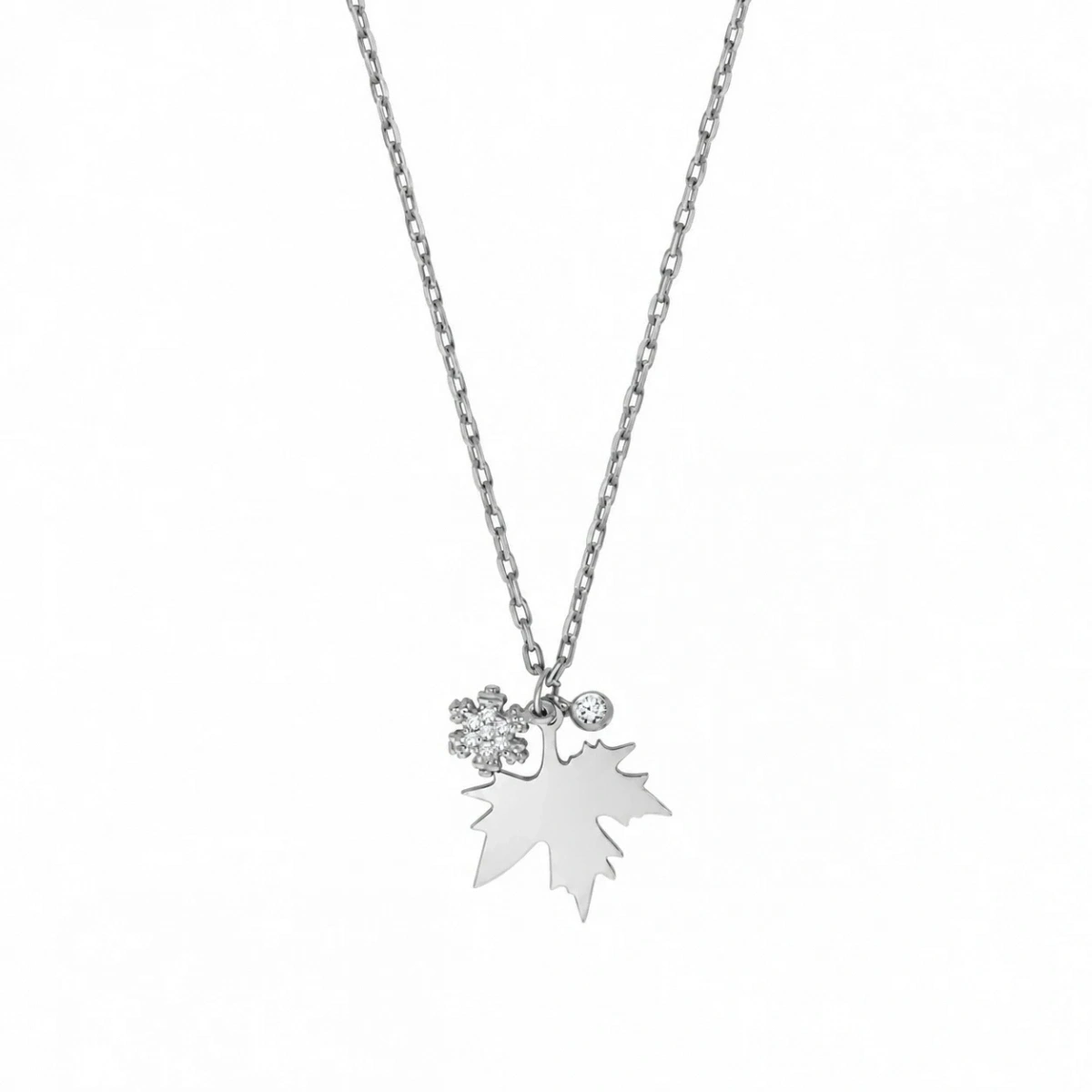 Modern Silver Necklace with Plane Tree Leaf and Stone Snowflake