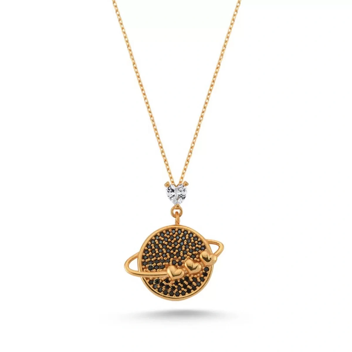 Kalpli Siyah Taşlı Satürn Gümüş Kolye