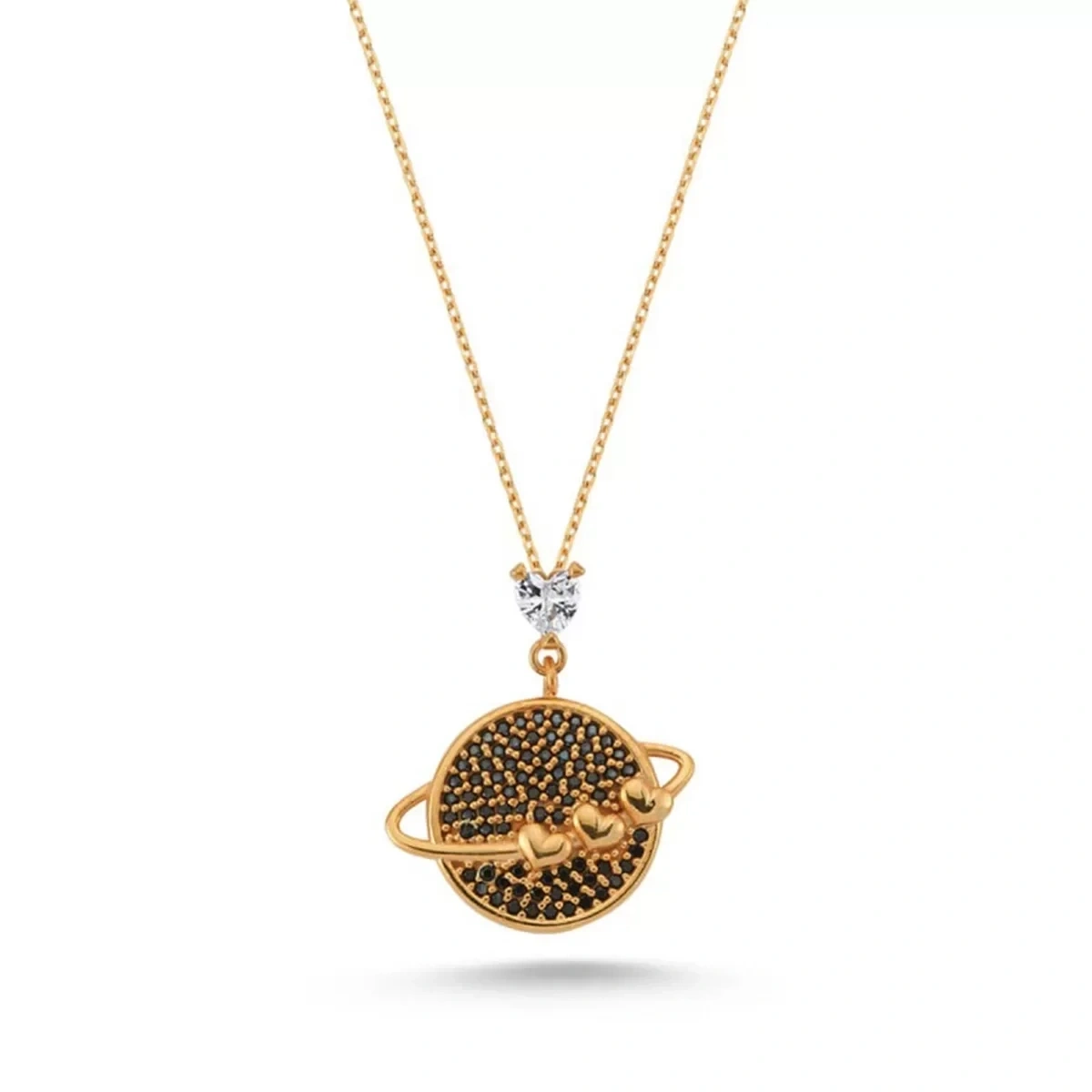 Kalpli Taşlı Satürn Gümüş Kolye