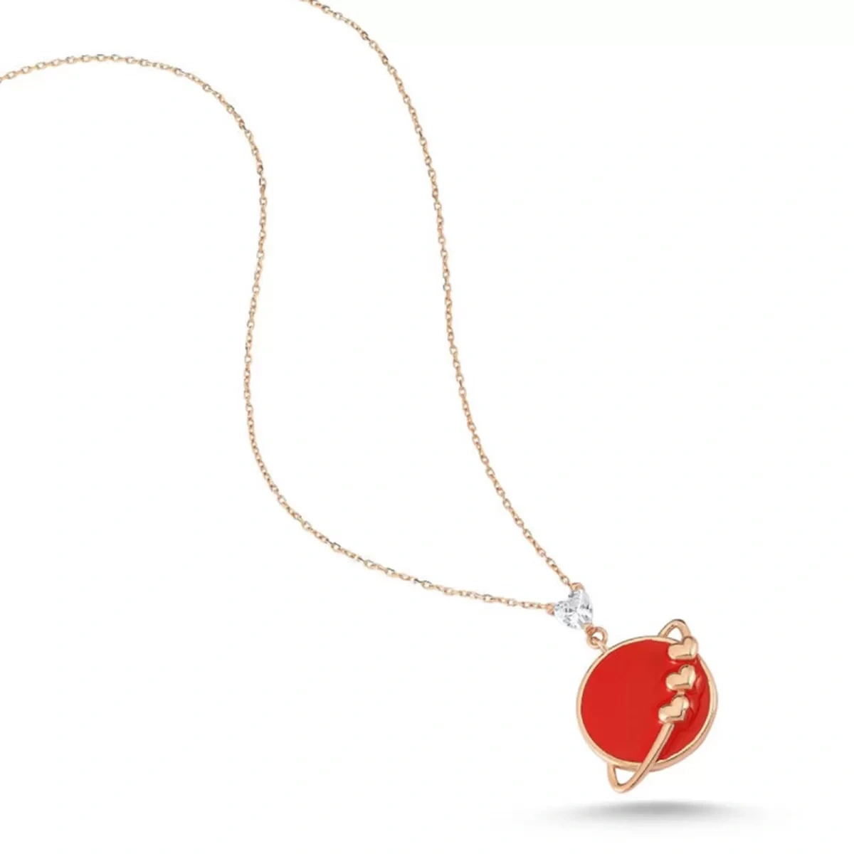 Kırmızı Mineli Swarovski Taşlı Kalpli Satürn Gümüş Kolye