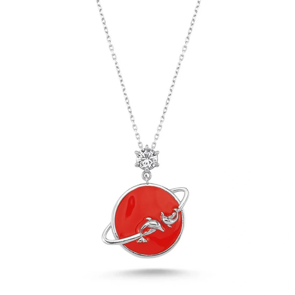 Kırmızı Mineli Swarovski Taşlı  Yunuslu  Satürn Gümüş Kolye