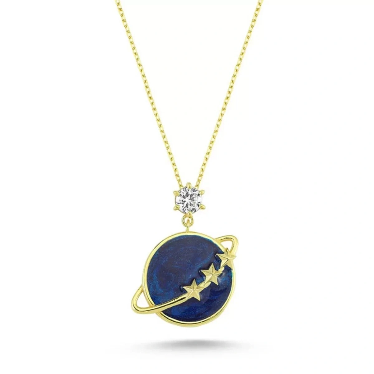 Mavi Mineli Tek Taşlı Yıldızlı Satürn Gümüş Kolye