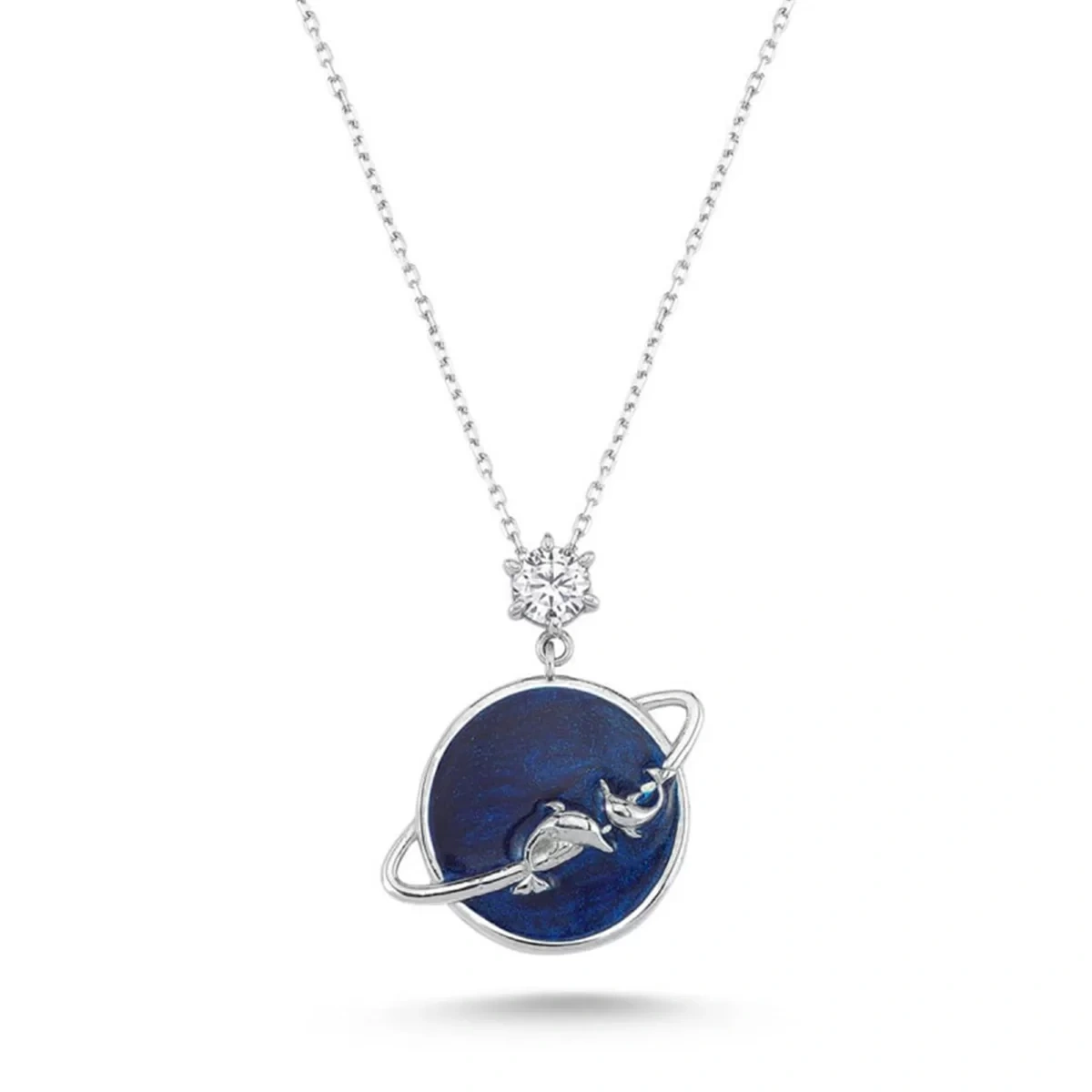Mavi Mineli Swarovski Taşlı Yunuslu Satürn Gümüş Kolye