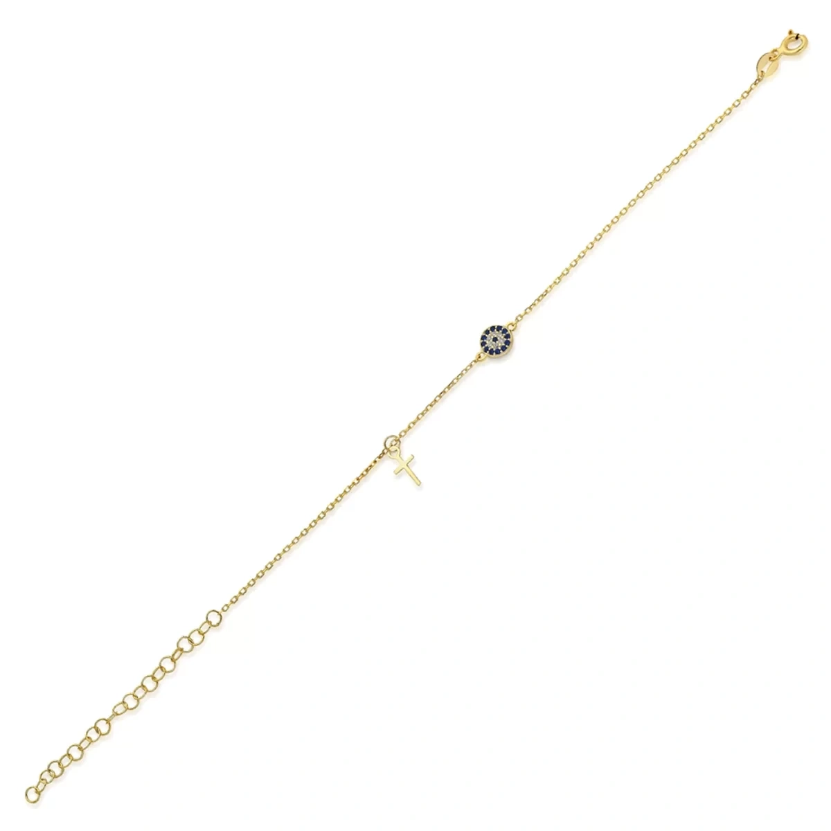 Nazar Bocuğu Yuvarlak Formlu Minik Haç Sallantılı Gümüş Bileklik