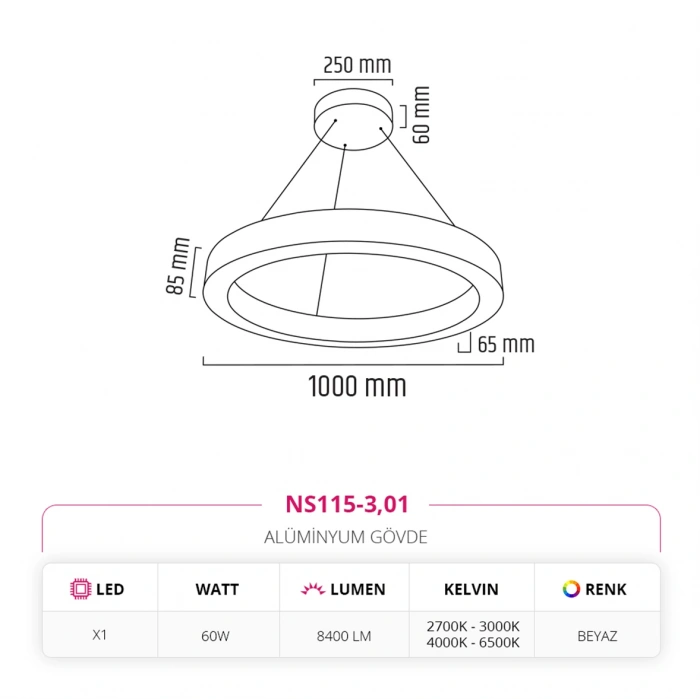 Nevo 100 cm Ledli Yuvarlak Simit Linear Sarkıt Beyaz NS115-3
