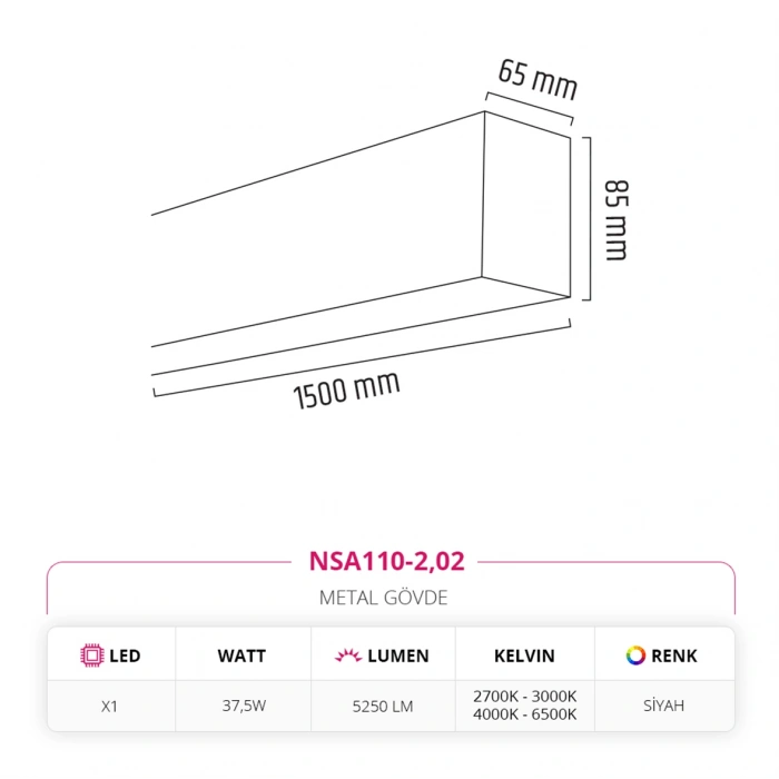 Nevo 150 cm Linear Sıva Üstü Armatür Siyah NSA110-2