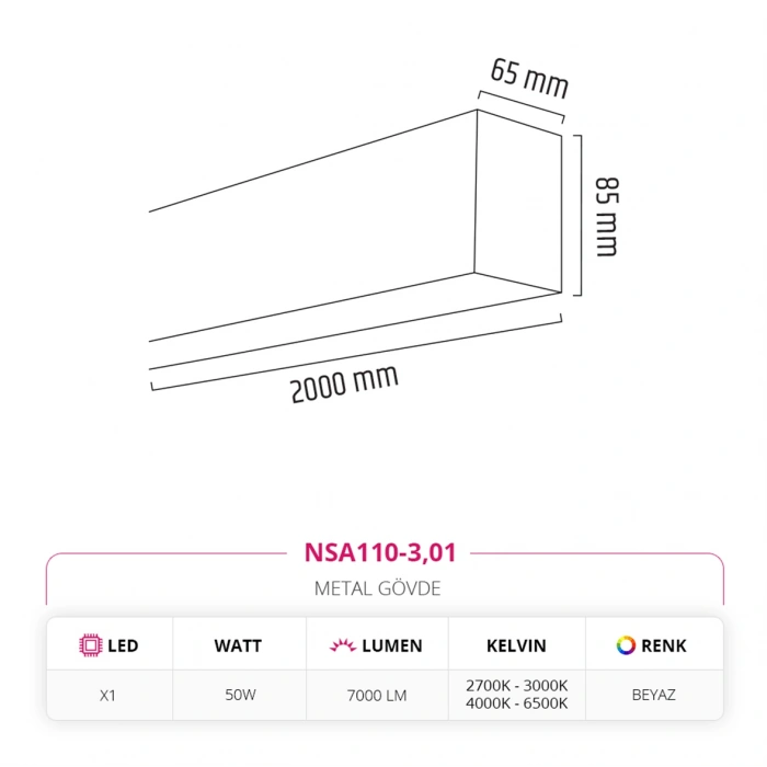Nevo 200 cm Linear Sıva Üstü Armatür Beyaz NSA110-3