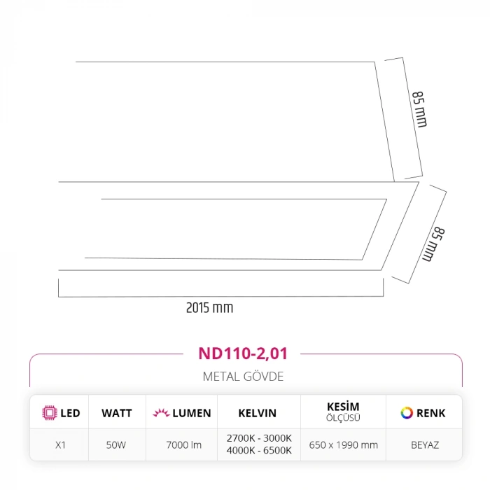 Nevo 200 Cm Sıva Altı Linear Armatür Beyaz ND110-2