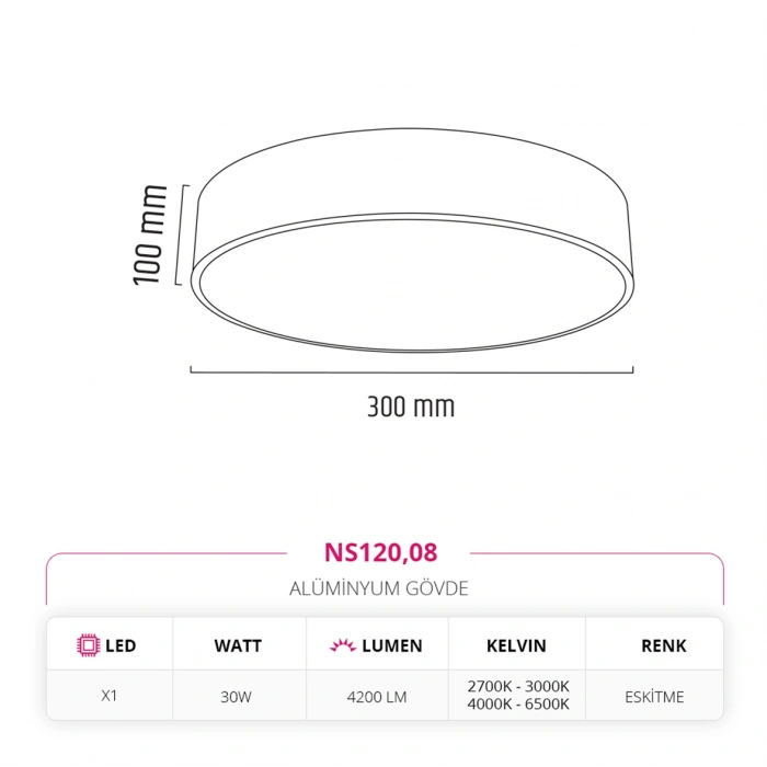 Nevo 30 Cm Sıva Üstü Ledli Tavan Armatürü Eskitme NS120