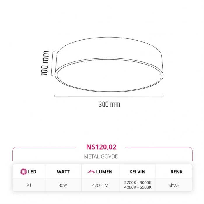 Nevo 30 Cm Sıva Üstü Ledli Tavan Armatürü Siyah NS120