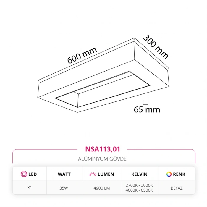 Nevo 30 x 60 cm Sıva Üstü Linear Armatür Beyaz NSA113