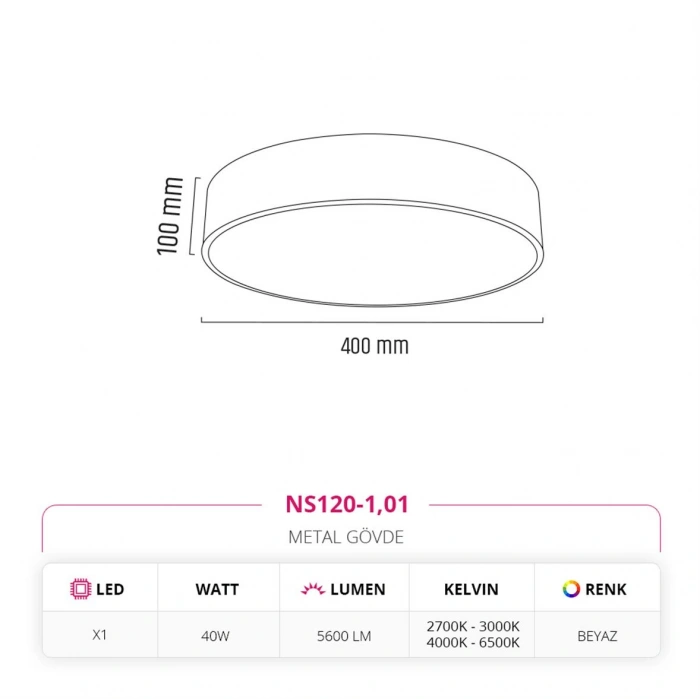 Nevo 40 Cm Sıva Üstü Ledli Tavan Armatürü Beyaz NS120-1