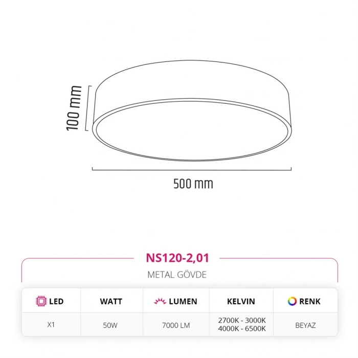 Nevo 50 Cm Sıva Üstü Ledli Tavan Armatürü Beyaz NS120-2