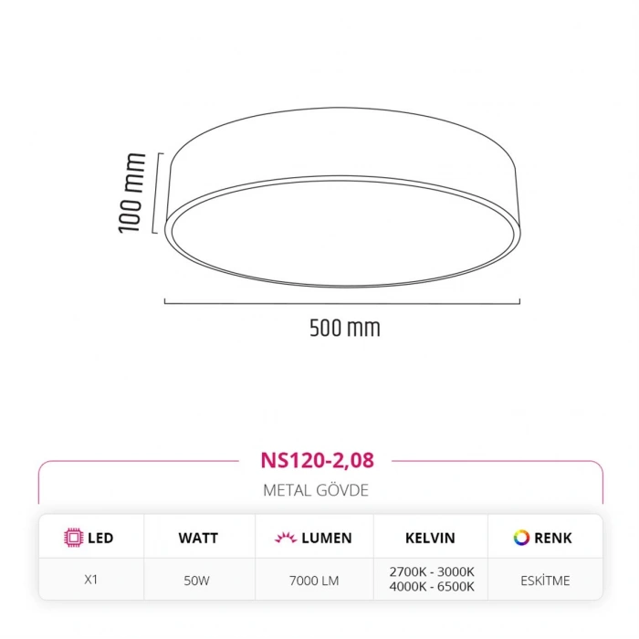 Nevo 50 Cm Sıva Üstü Ledli Tavan Armatürü Eskitme NS120-2