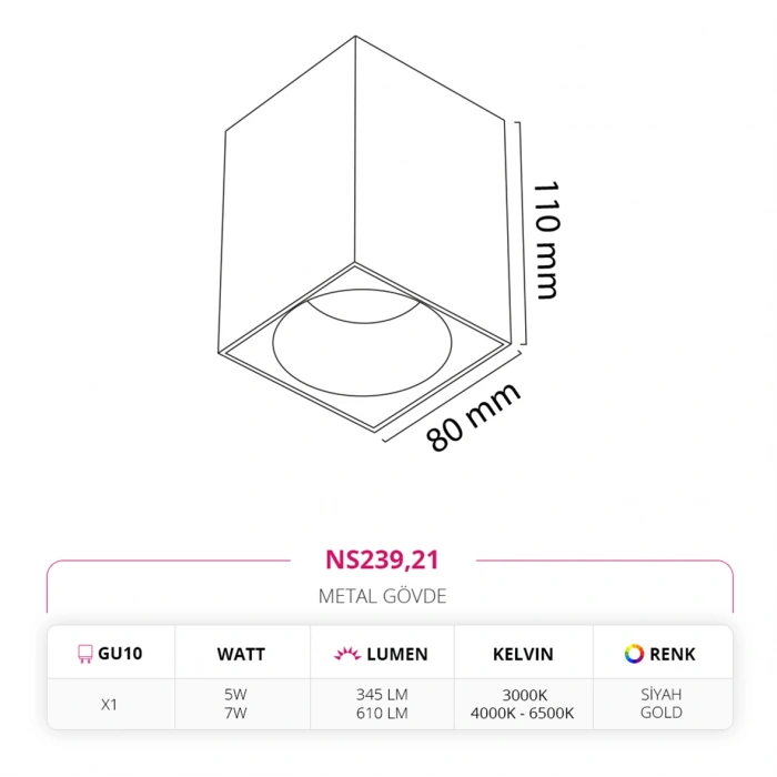 Nevo 5W Sıva Üstü Led Spot Siyah Gold NS239