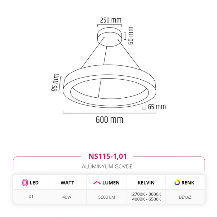 Nevo 60 cm Ledli Yuvarlak Simit Linear Sarkıt Beyaz NS115-1