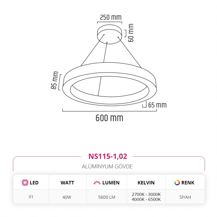 Nevo 60 cm Ledli Yuvarlak Simit Linear Sarkıt Siyah NS115-1
