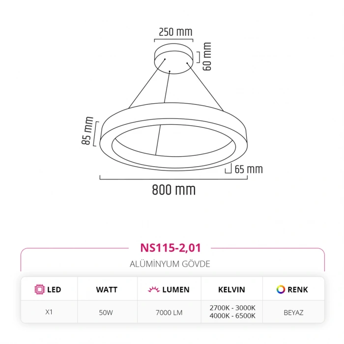 Nevo 80 cm Ledli Yuvarlak Simit Linear Sarkıt Beyaz NS115-2