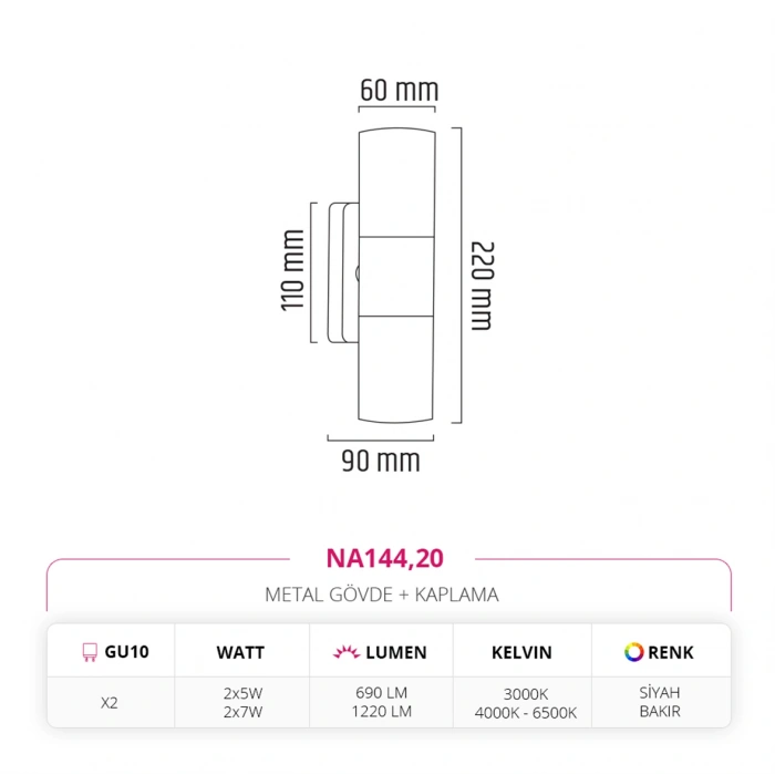 Nevo Çift Yönlü İç Mekan Aplik Bakır Siyah NA144