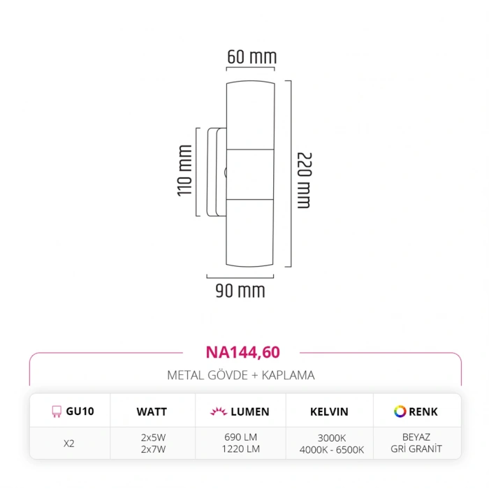 Nevo Çift Yönlü İç Mekan Aplik Beyaz Gri Granit NA144