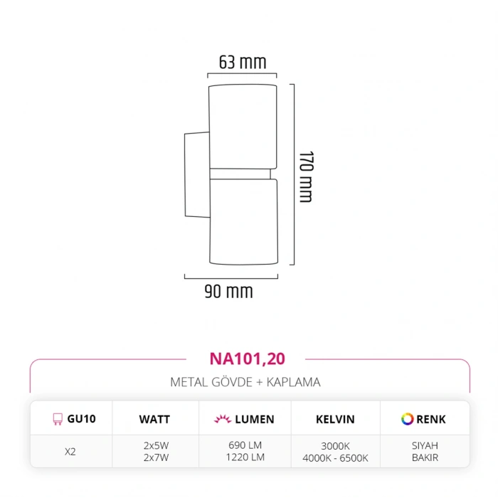Nevo Çift Yönlü İç Mekan Aplik Siyah Bakır NA101