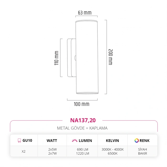 Nevo Çift Yönlü İç Mekan Aplik Siyah Bakır NA137