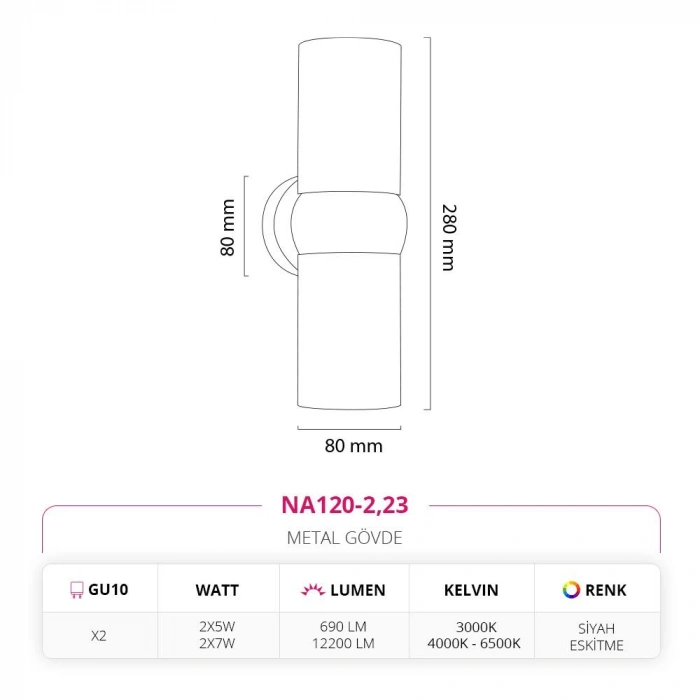 Nevo Çift Yönlü İç Mekan Aplik Siyah Eskitme NA120-2