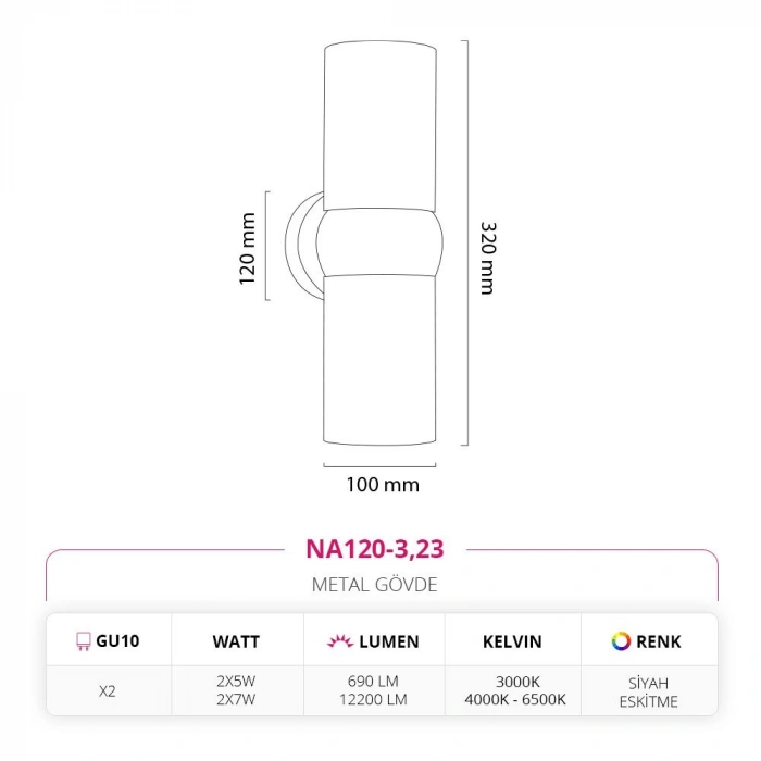 Nevo Çift Yönlü İç Mekan Aplik Siyah Eskitme NA120-3