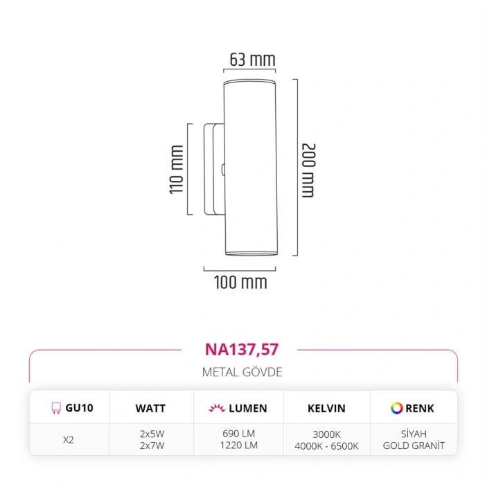 Nevo Çift Yönlü İç Mekan Aplik Siyah Gold Granit NA137