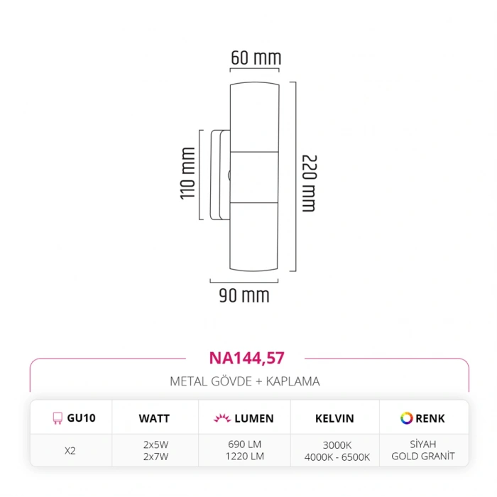 Nevo Çift Yönlü İç Mekan Aplik Siyah Gold Granit NA144