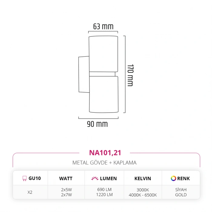 Nevo Çift Yönlü İç Mekan Aplik Siyah Gold NA101