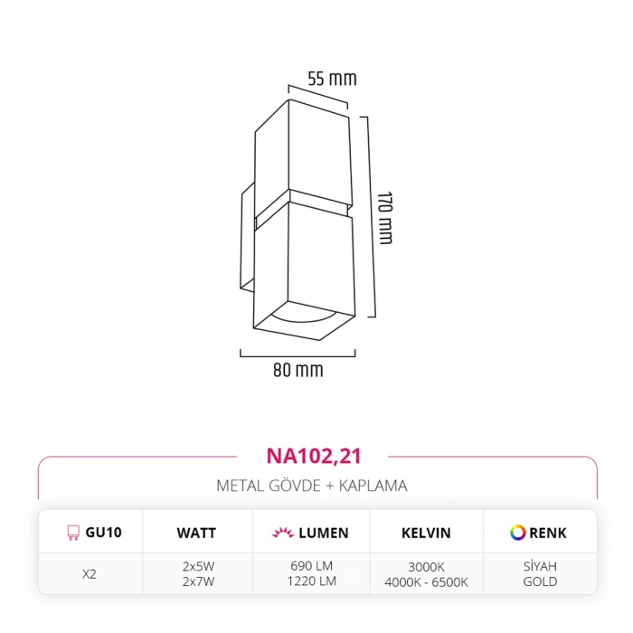 Nevo Çift Yönlü İç Mekan Aplik Siyah Gold NA102