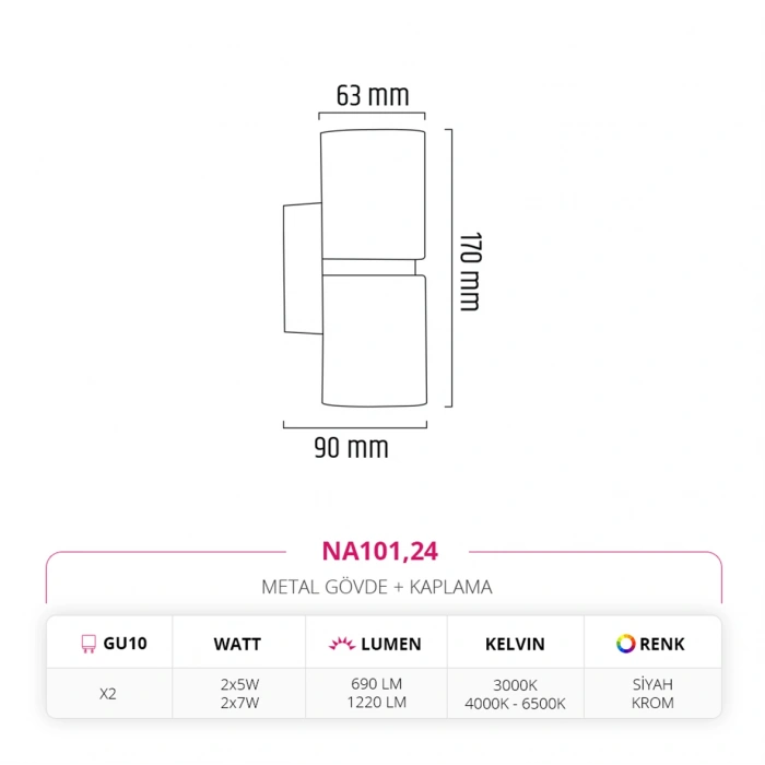 Nevo Çift Yönlü İç Mekan Aplik Siyah Krom NA101