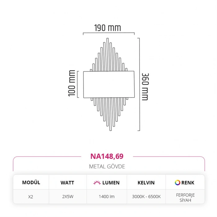 Nevo Çift Yönlü Ledli İç Mekan Aplik Ferforje NA148
