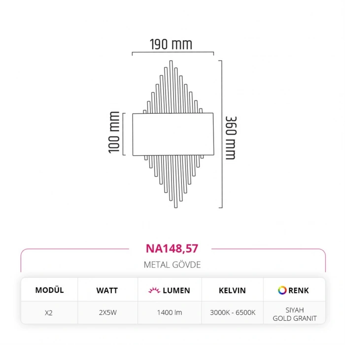 Nevo Çift Yönlü Ledli İç Mekan Aplik Siyah Gold Granit NA148