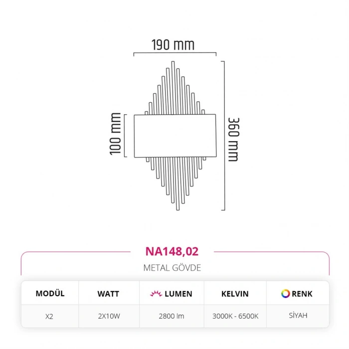 Nevo Çift Yönlü Ledli İç Mekan Aplik Siyah NA148