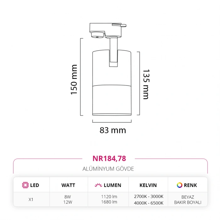 Nevo Dekoratif Ray Spot Beyaz Bakır NR184