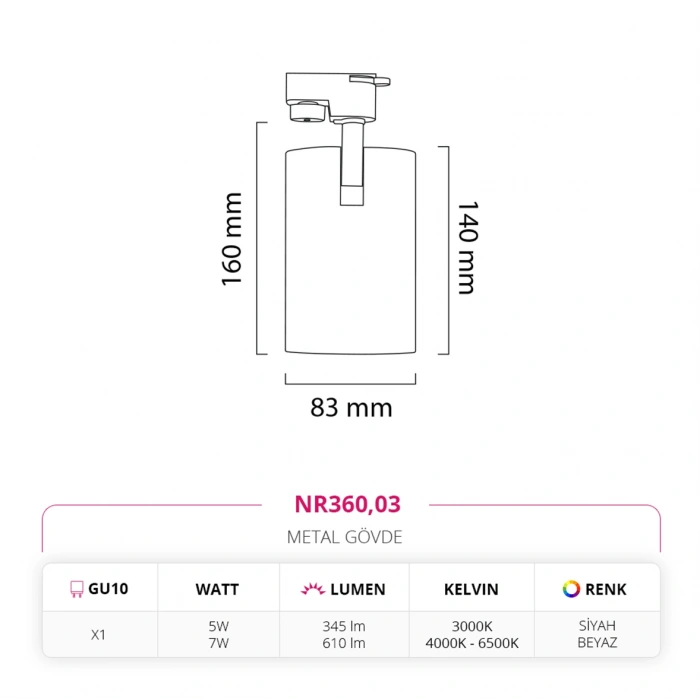 Nevo Dekoratif Ray Spot Beyaz Siyah NR360