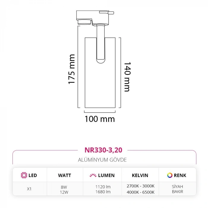 Nevo Dekoratif Ray Spot Siyah Bakır NR330-3