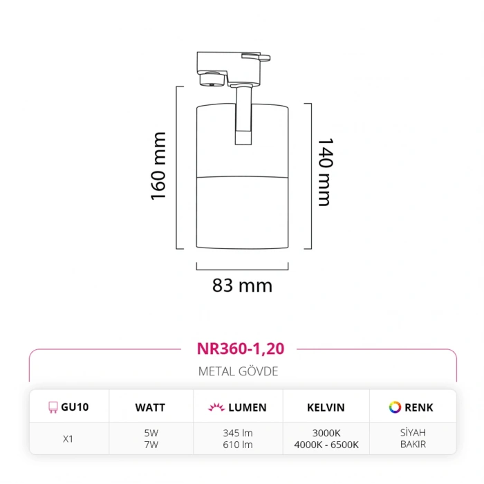 Nevo Dekoratif Ray Spot Siyah Bakır NR360-1